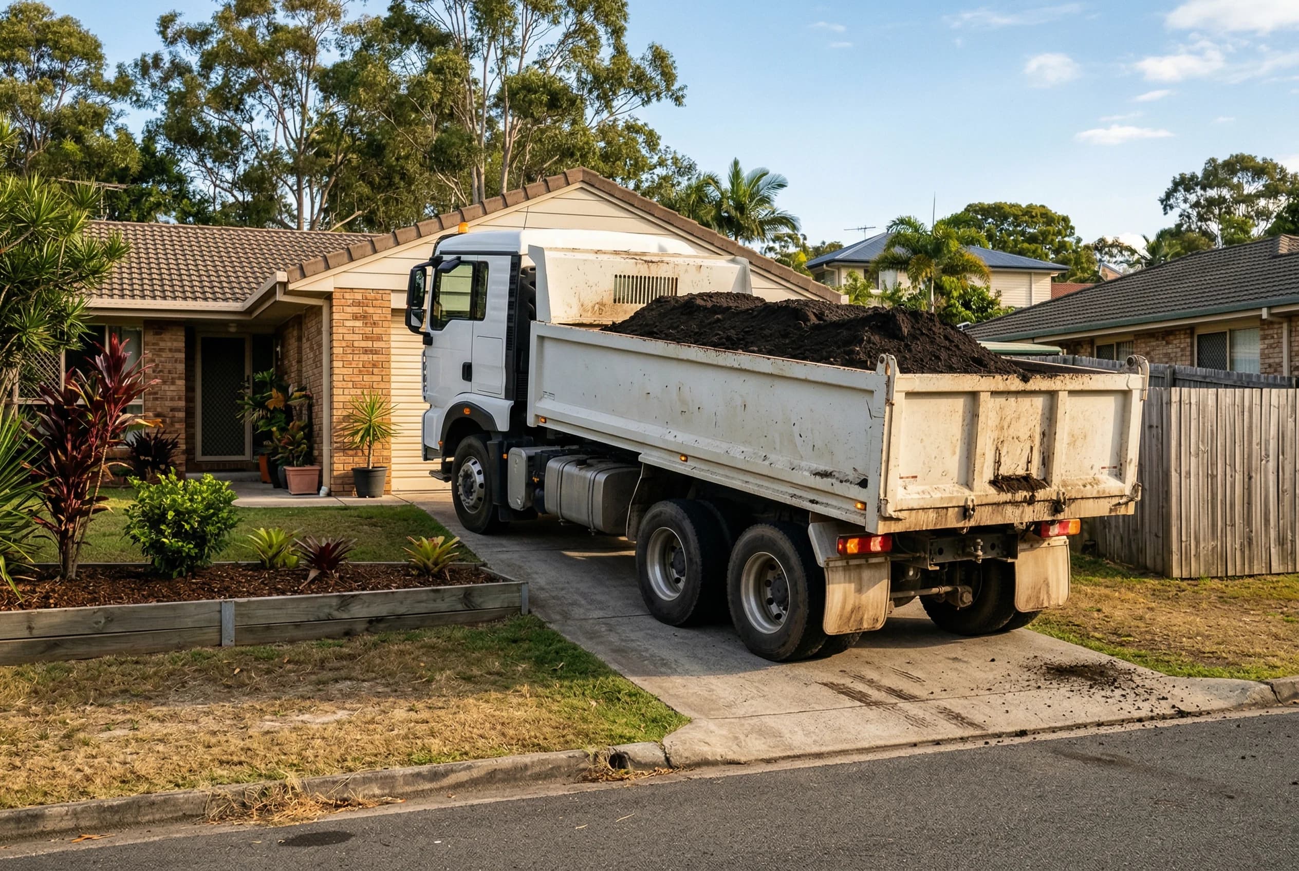 Tipper truck delivering garden soil to a residential property