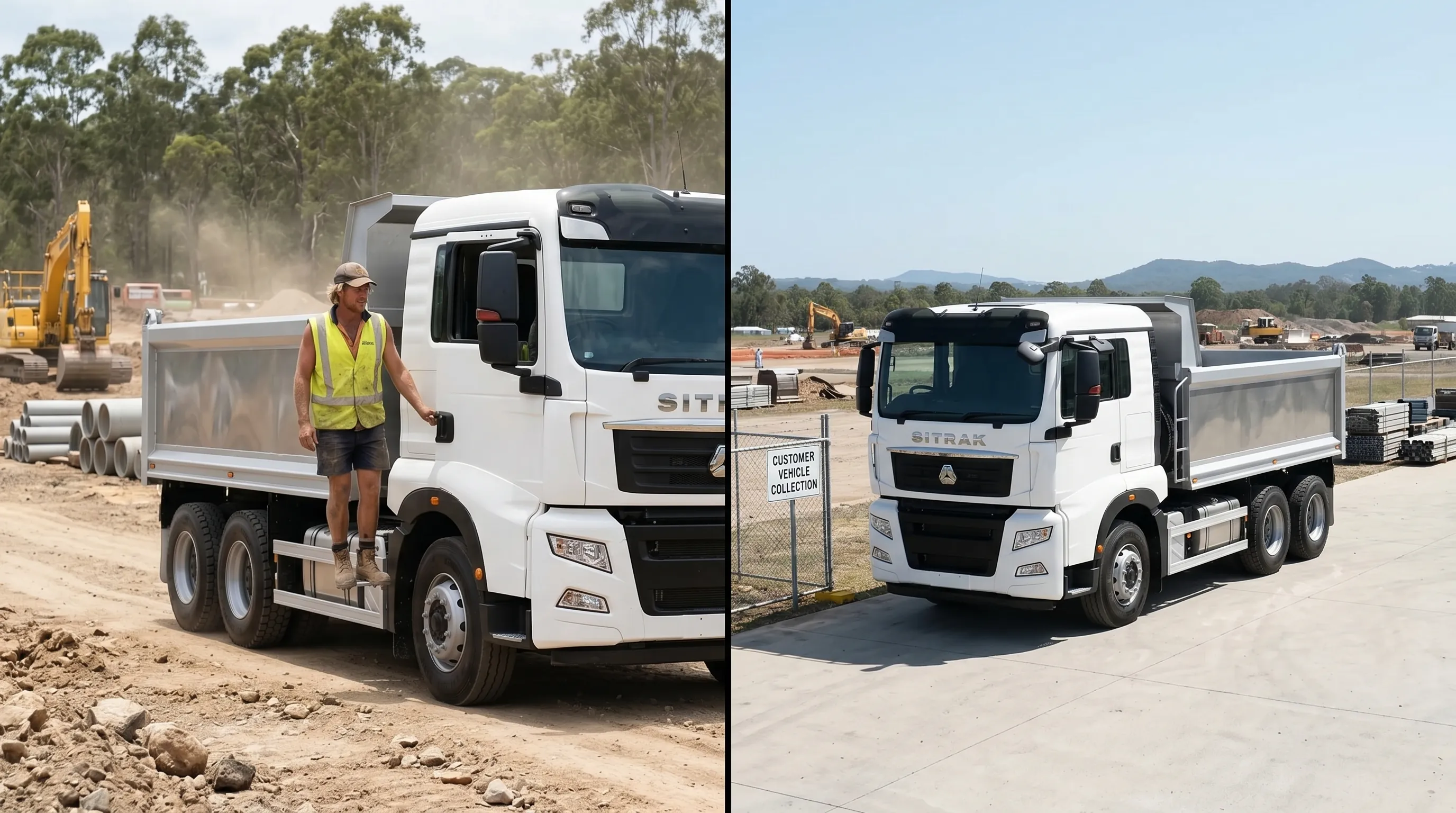 Operated tipper truck on a civil site, profile view