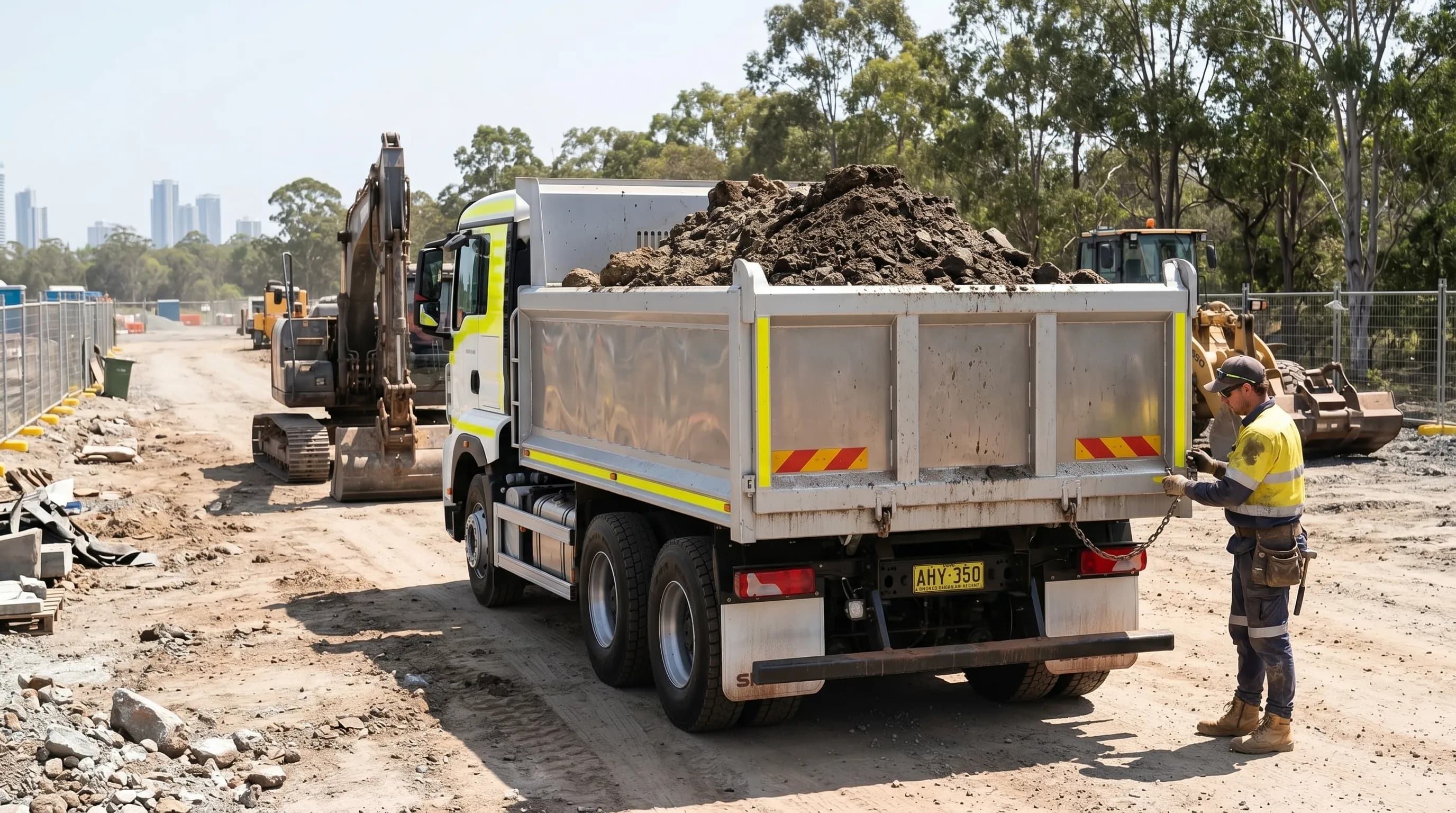 Tipper truck loaded with excavation spoil being removed from a Gold Coast civil site