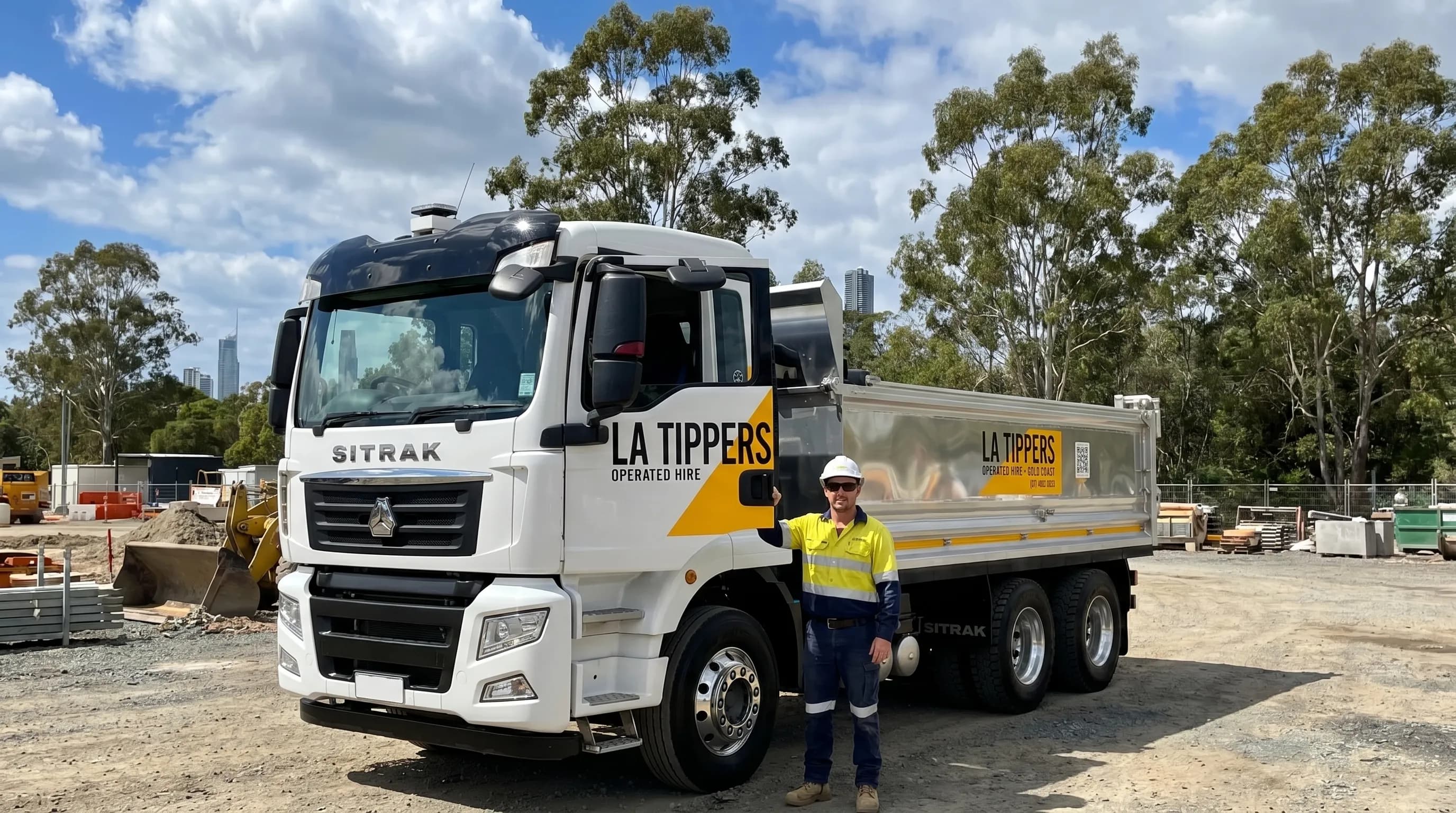 Operated tipper truck on a civil site, profile view